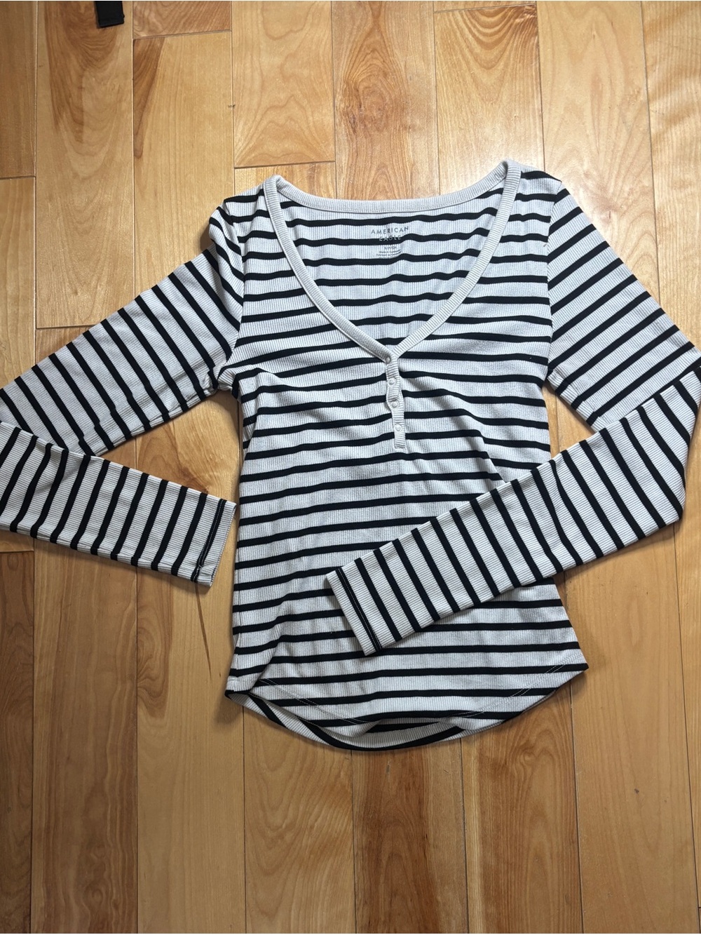 American Eagle Outfitters Black & White Striped Long-Sleeve Henley